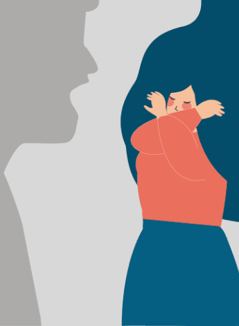 the image is an illustration of a woman with her arms crossed over her face. A man is yelling at her.